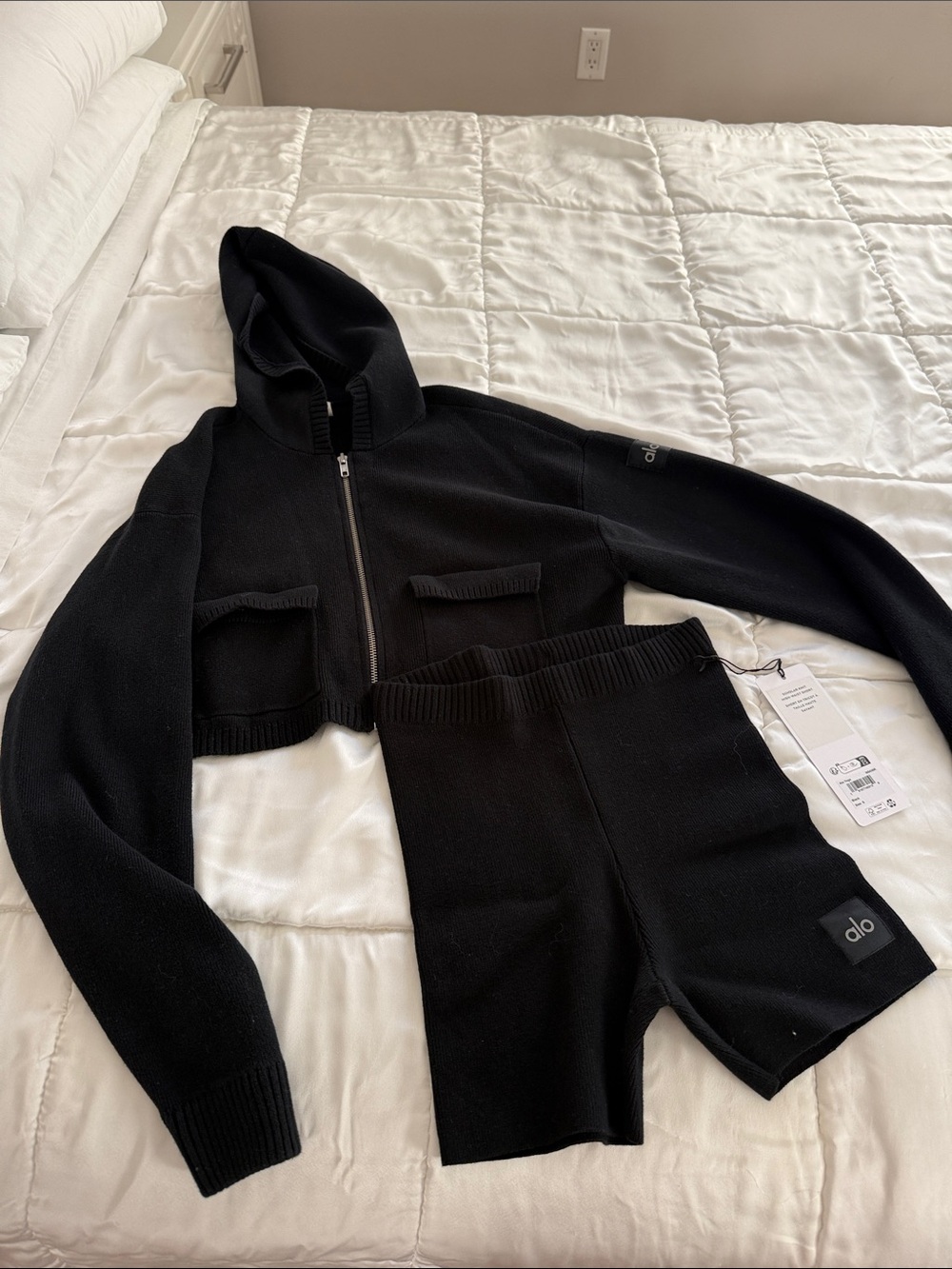 ALO Yoga Black Knit Hoodie & High-Waist Bike Shorts Set